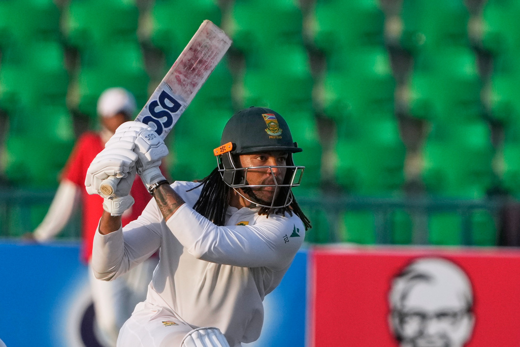 South Africa's Tony dy Zorzi bats during the second day of the first test cricket match between Pakistan and South Africa, in Lahore, Pakistan, Monday, Oct. 13, 2025. (AP Photo/K.M. Chaudary)