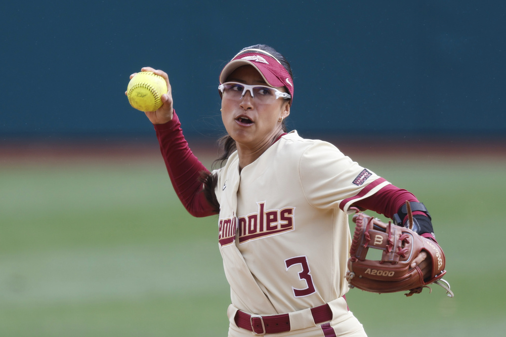 Florida State shortstop Isa Torres fields the ball during an NCAA softball game against Stanford on Sunday, April 12, 2026 in Stanford, Calif. (AP Photo/Lachlan Cunningham)