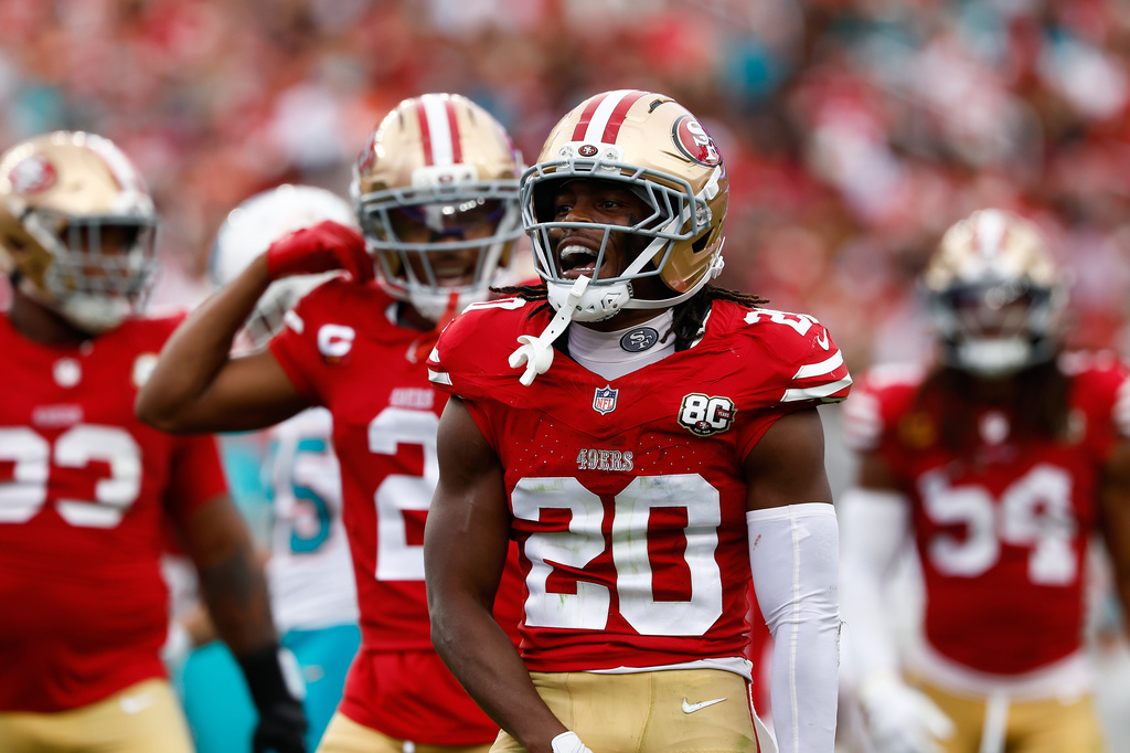 San Francisco 49ers cornerback Upton Stout (20) celebrates during the second half of an NFL football game against the Miami Dolphins in Santa Clara, Calif., Sunday, Sept. 20, 2026. (AP Photo/Kelley L. Cox)