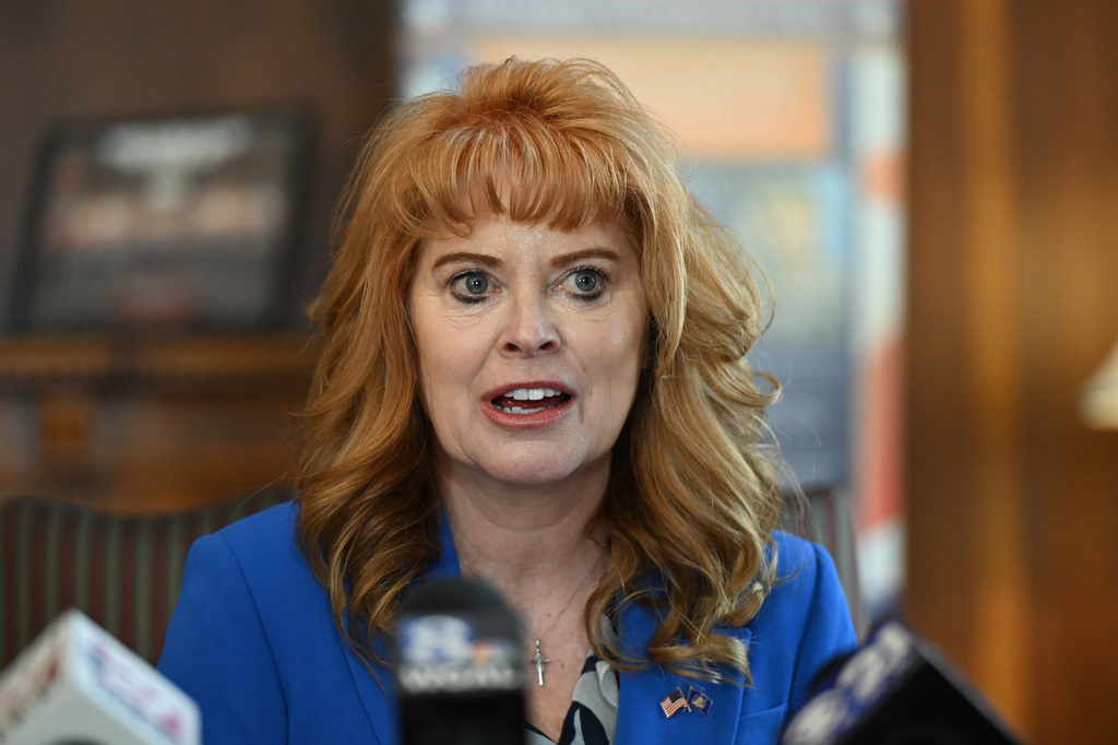 Pennsylvania state Treasurer Stacy Garrity speaks during a news conference at the Treasury Department in Harrisburg, Pa., Thursday, April 23, 2026. (AP Photo/Marc Levy)