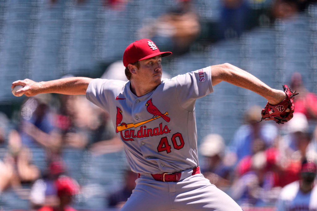 St. Louis Cardinals starting pitcher Hunter Dobbins throws to the plate during the first inning of a baseball game against the Los Angeles Angels, Wednesday, July 22, 2026, in Anaheim, Calif. (AP Photo/Mark J. Terrill)