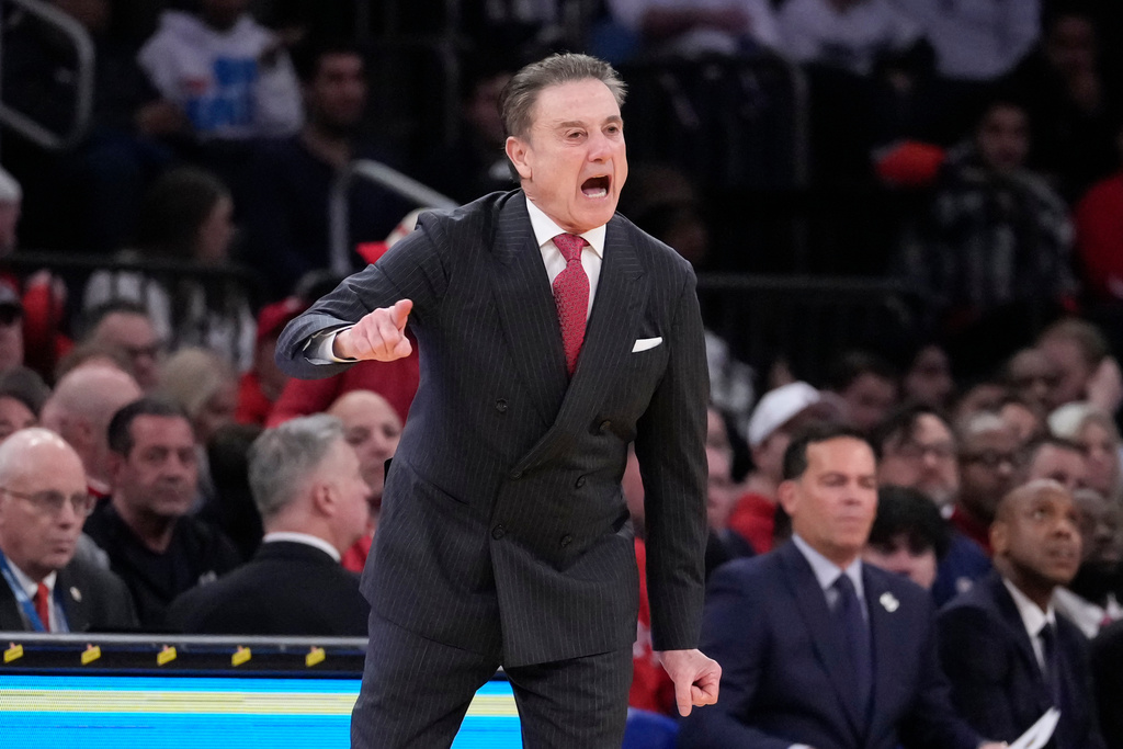 St. John's head coach Rick Pitino screams during the first half of an NCAA college basketball game against UConn in the championship of the Big East tournament, Saturday, March 14, 2026, in New York. (AP Photo/Yuki Iwamura)