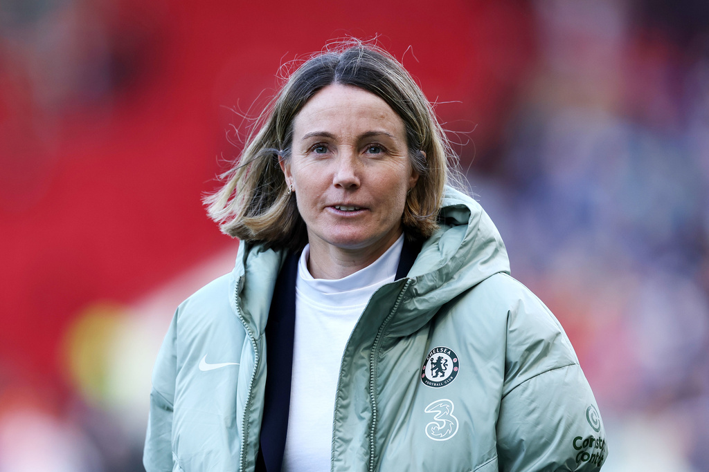 Chelsea manager Sonia Bompastor looks on at the end of the Women's League Cup final, in Bristol, England, Sunday, March 15, 2026. (Steve Paston/PA via AP)