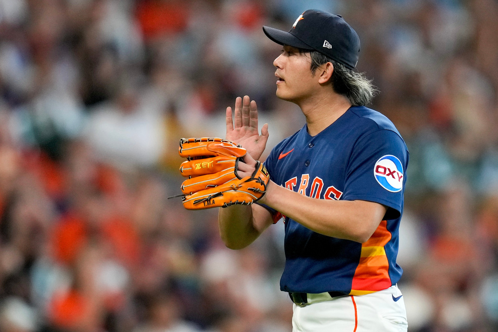Houston Astros starting pitcher Tatsuya Imai reacts after the final out of the sixth inning of a baseball game against the Milwaukee Brewers, Sunday, May 31, 2026, in Houston. (AP Photo/Eric Christian Smith)