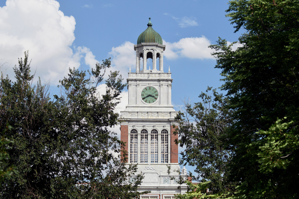 East High School's clocktower is seen in Denver on Thursday, Aug. 28, 2025. (AP Photo/Thomas Peipert)