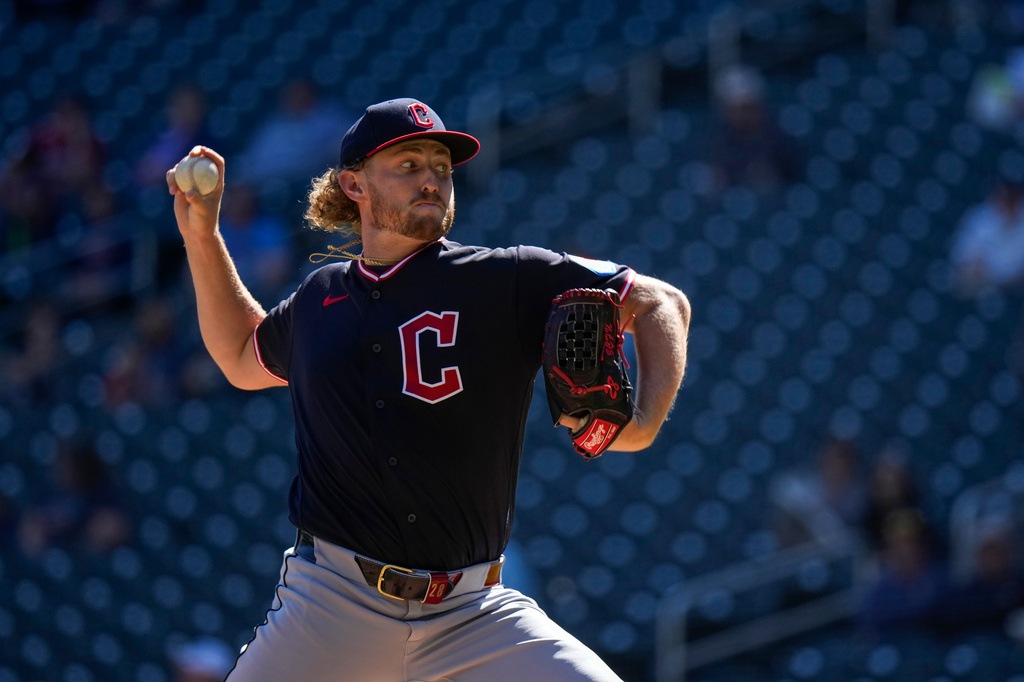 Cleveland Guardians starting pitcher Tanner Bibee delivers during the second inning of a baseball game against the Minnesota Twins, Sunday, Sept. 13, 2026, in Minneapolis. (AP Photo/Joseph Scheller)