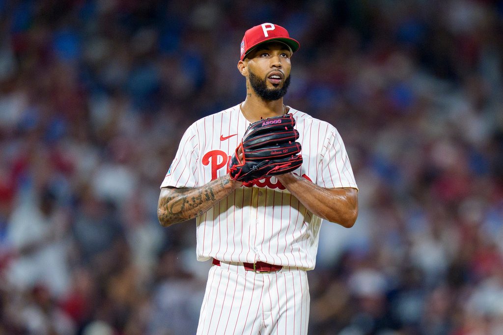 Philadelphia Phillies starting pitcher Cristopher Sanchez looks on during the fifth inning of a baseball game against the New York Yankees, Sunday, July 26, 2026, in Philadelphia. (AP Photo/Chris Szagola)