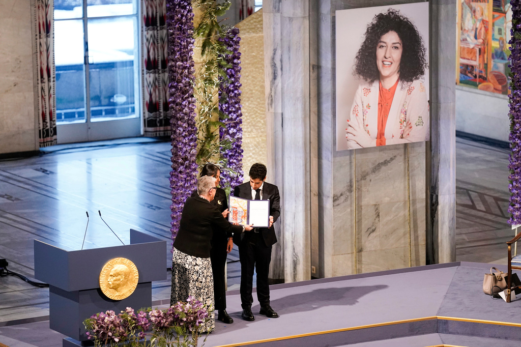 FILE - Ali and Kiana Rahmani receive the 2023 Nobel Peace Prize on behalf of their mother, imprisoned Iranian activist Narges Mohammadi, on Dec. 10, 2023, in Oslo, Norway. (Fredrik Varfjell//NTB Scanpix via AP, File)