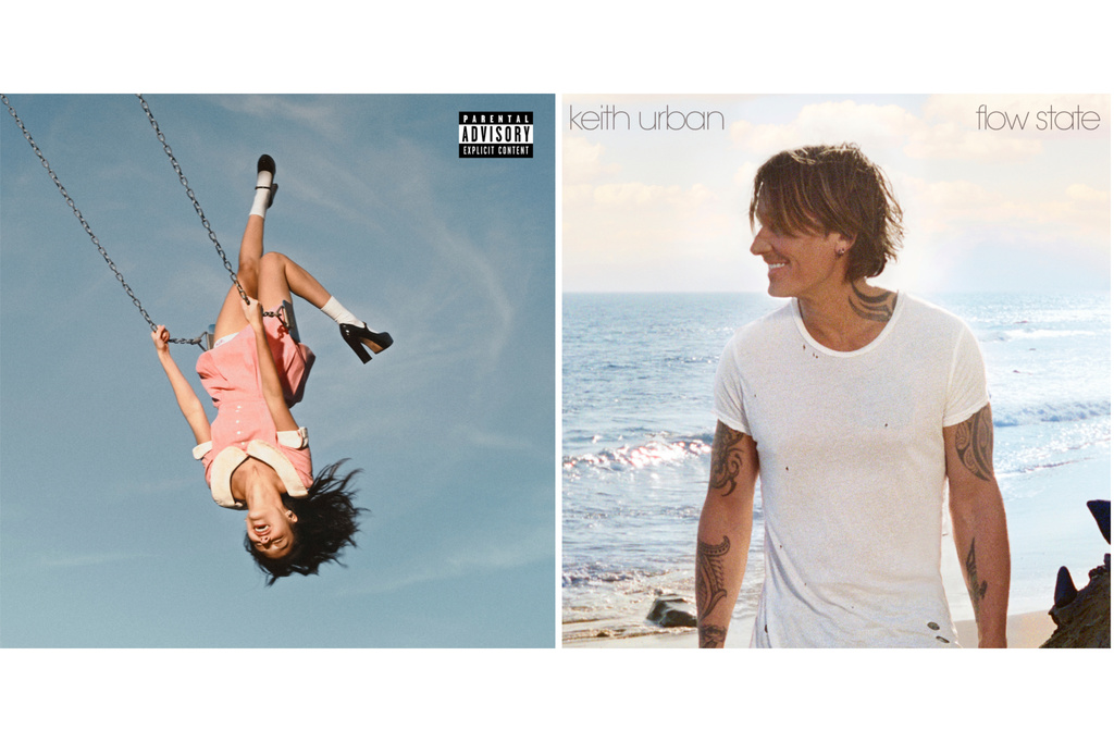 This combination of album cover images shows "you seem pretty sad for a girl so in love” by Olivia Rodrigo, left, and “Flow State” by Keith Urban. (Geffen Records/Hit Red-MCA Nashville via AP)