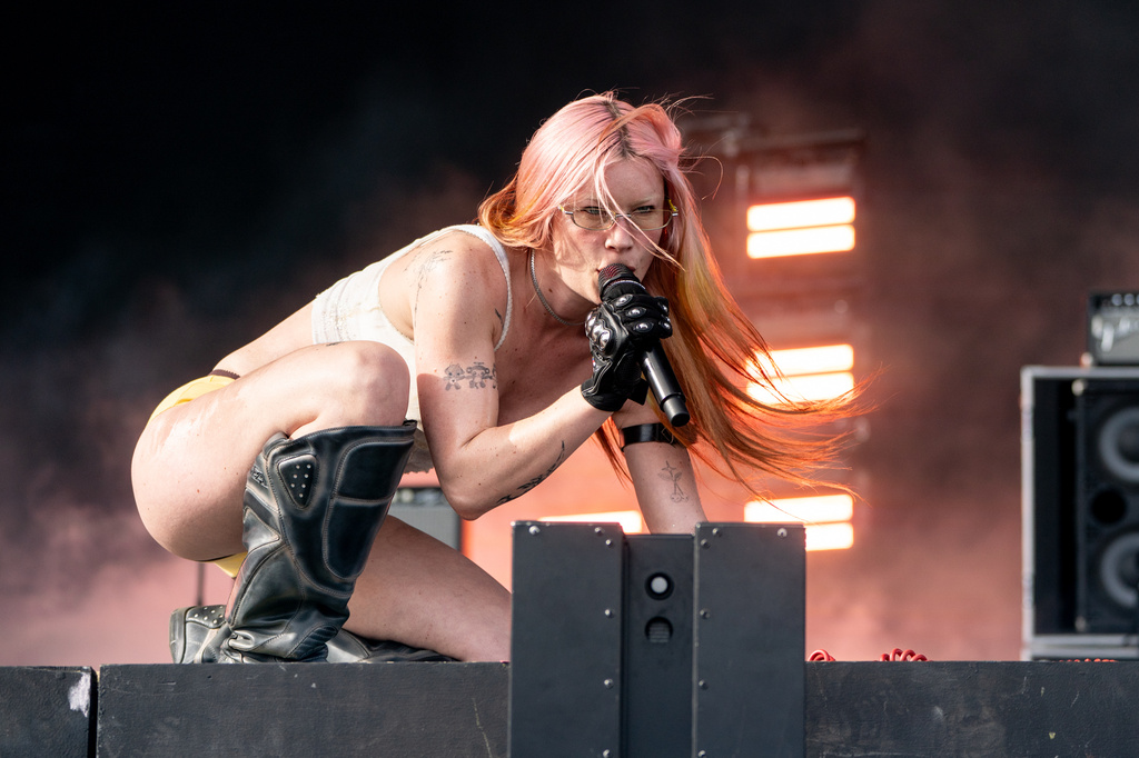 Rhian Teasdale of Wet Leg performs during the first weekend of Coachella Valley Music and Arts Festival on Sunday, April 12, 2026, in Indio, Calif. (Photo by Amy Harris/Invision/AP)