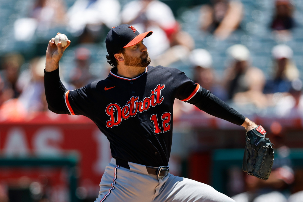 Detroit Tigers starting pitcher Casey Mize throws during the first inning of a baseball game against the Los Angeles Angels, Sunday, July 19, 2026, in Anaheim, Calif. (AP Photo/Caroline Brehman)