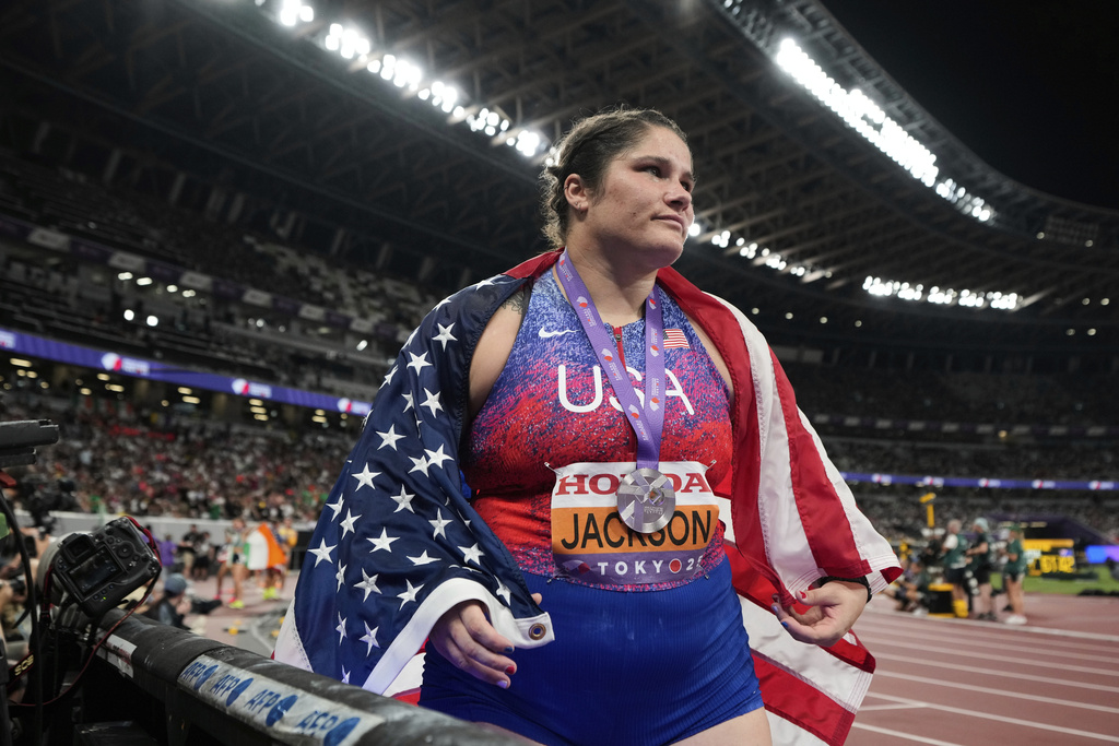 United States' silver medalist Chase Jackson celebrates after the women's shot put final at the World Athletics Championships in Tokyo, Saturday, Sept. 20, 2025. (AP Photo/Eugene Hoshiko)