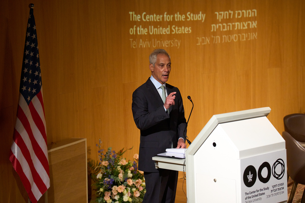 Rahm Emanuel, a potential Democratic presidential candidate and longtime defender of Israel speaks in Tel Aviv University, Israel , Wednesday, July 8, 2026. (AP Photo/Ariel Schalit)