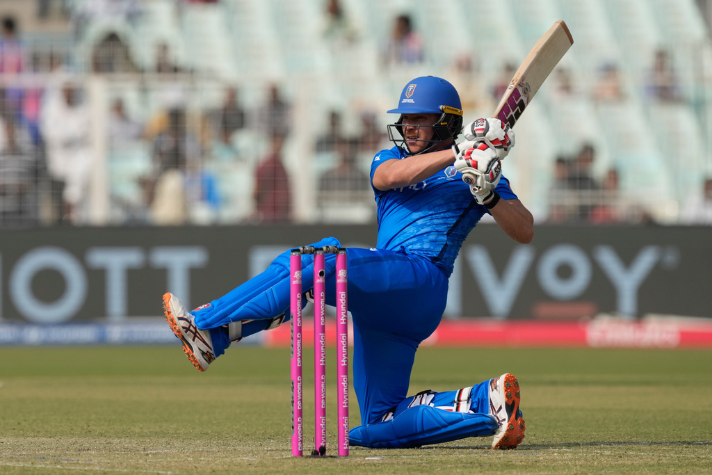 Italy's Gian Piero Meade plays a shot during the T20 World Cup cricket match between West Indies and Italy in Kolkata, India, Thursday, Feb. 19, 2026. (AP Photo/Bikas Das)