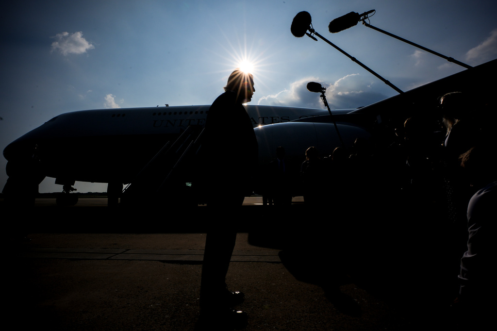President Donald Trump speaks with reporters before boarding the new Air Force One, Wednesday, July 1, 2026, at Joint Base Andrews, Md. (AP Photo/Julia Demaree Nikhinson)