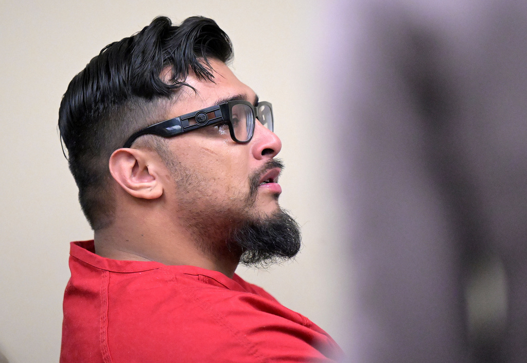 Jake Haro cries in court after pleading guilty to all charges, including second-degree murder of his 7-month-old son, Emmanuel, at the Riverside Hall of Justice in Riverside, Calif., on Thursday, Oct 16, 2025. (Will Lester/The Orange County Register via AP, Pool)