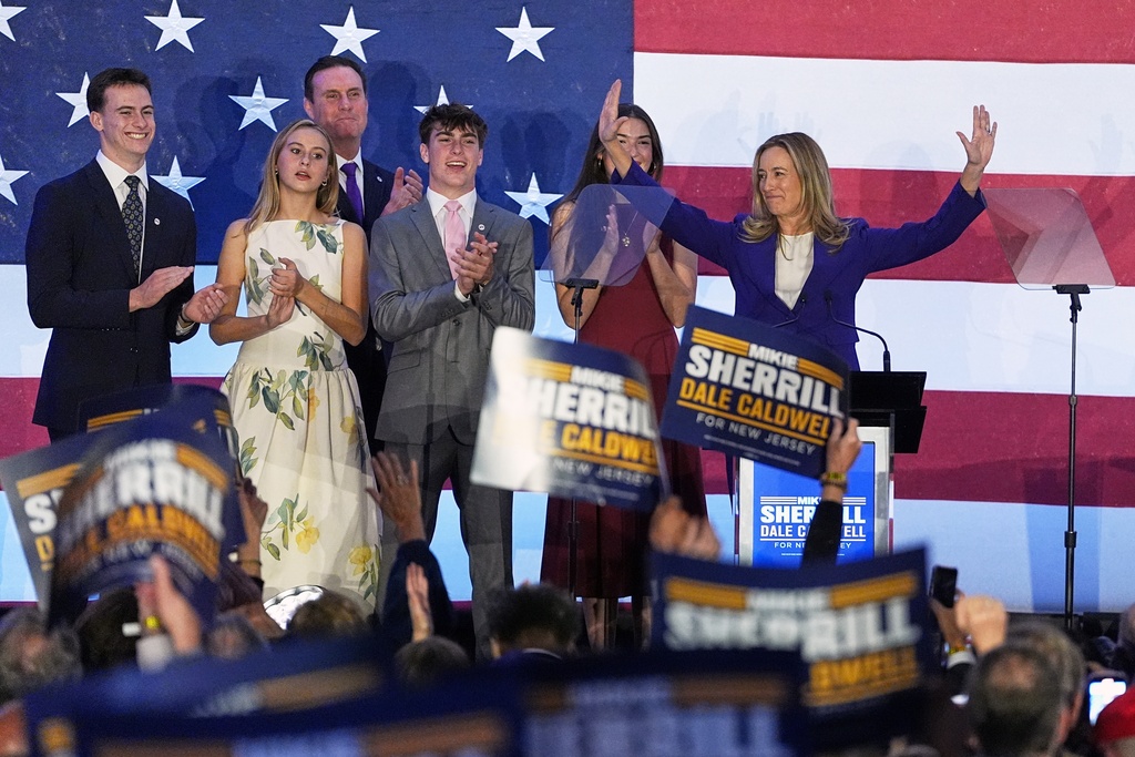 New Jersey Democratic Gov. elect Mikie Sherrill speaks during an election night party in East Brunswick, N.J., Tuesday, Nov. 4, 2025. (AP Photo/Matt Rourke)