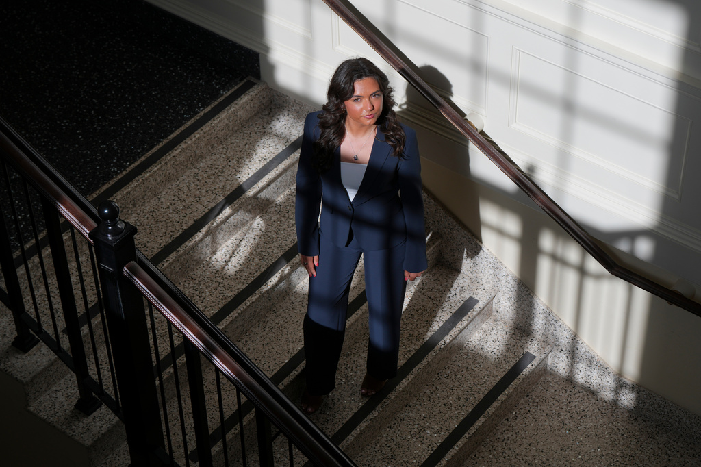 Josephine Timperman, a student at Miami University, poses for a portrait Friday, April 24, 2026, in Oxford, Ohio. (AP Photo/Jeff Dean)