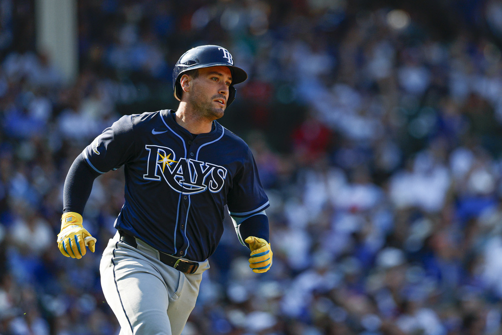 Tampa Bay Rays pinch hiter Nick Fortes rounds the bases after hitting a solo home run against the Chicago Cubs during the ninth inning of a baseball game Saturday, Sept. 13, 2025, in Chicago. (AP Photo/Kamil Krzaczynski)