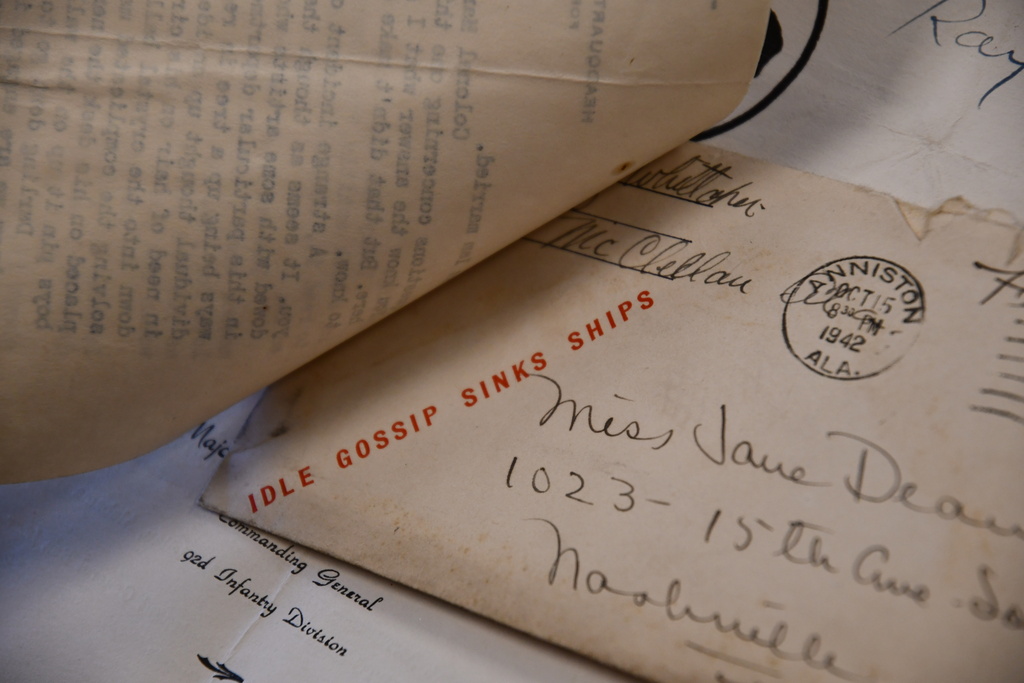 An envelope from a Black soldier stationed in Alabama written to his wife in Nashville in 1942 shows a stamp that says "Idle Gossip Sinks Ships" Monday, Feb. 9, 2026 in Nashville, Tenn. (AP Photo/Kristin M. Hall)