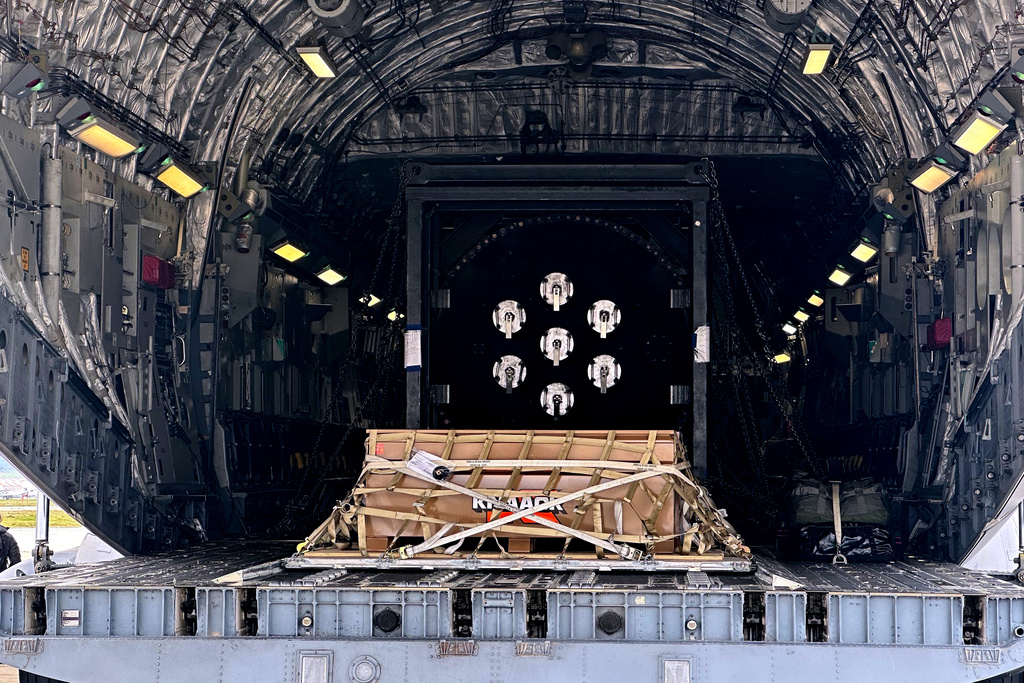 A Valar Atomics microreactor is seen on a C-17 aircraft, without nuclear fuel, at March Air Reserve Base, Calif., Sunday, Feb. 15, 2026. The reactor was transported from March Air Reserve Base to Hill Air Force Base in Utah. (AP Photo/Matthew Daly)
