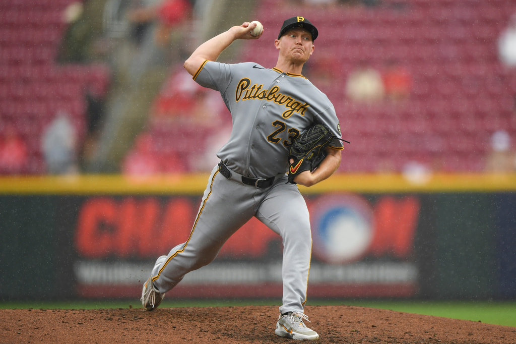 Pittsburgh Pirates' Mitch Keller pitches during the third inning of a baseball game against the Cincinnati Reds in Cincinnati, Sunday, Aug. 2, 2026. (AP Photo/Tanner Pearson)