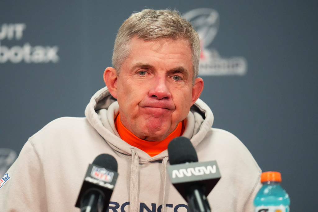 Denver Broncos head coach Sean Payton speaks during a news conference after the AFC Championship NFL football game between the Denver Broncos and the New England Patriots, Sunday, Jan. 25, 2026, in Denver. (AP Photo/Garrett W. Ellwood)