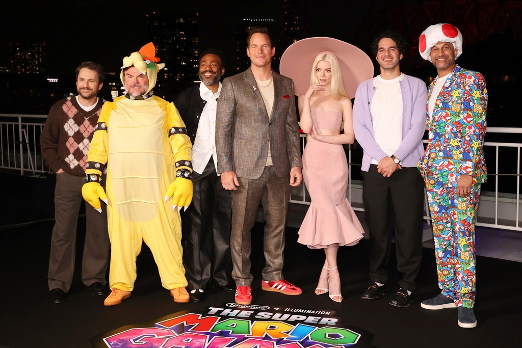 Charlie Day, from left, Jack Black, Donald Glover, Chris Pratt, Anya Taylor-Joy, Benny Safdie and Keegan Michael Key pose for photographers at the photo call for the film "The Super Mario Galaxy Movie" in Tokyo, Thursday, March 26, 2026. (AP Photo/Rodrigo Reyes)