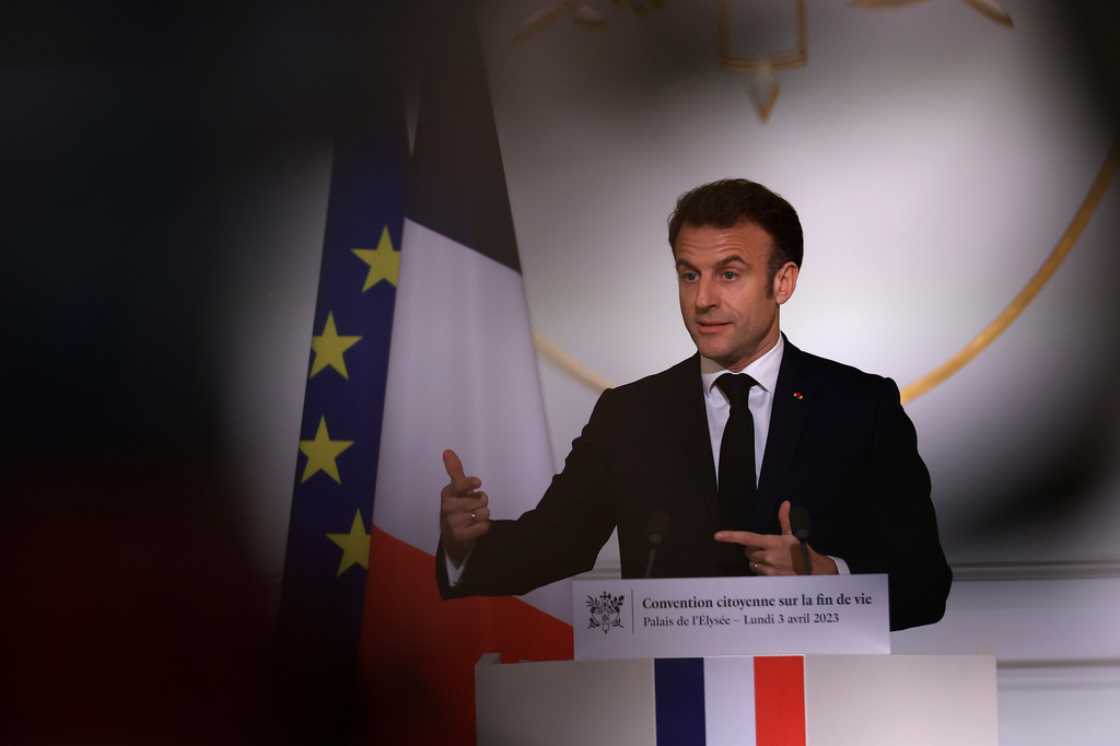FILE - French President Emmanuel Macron delivers his speech on the end-of-life options, April 3, 2023, at the Elysee Palace in Paris. (AP Photo/Aurelien Morissard, Pool, File)