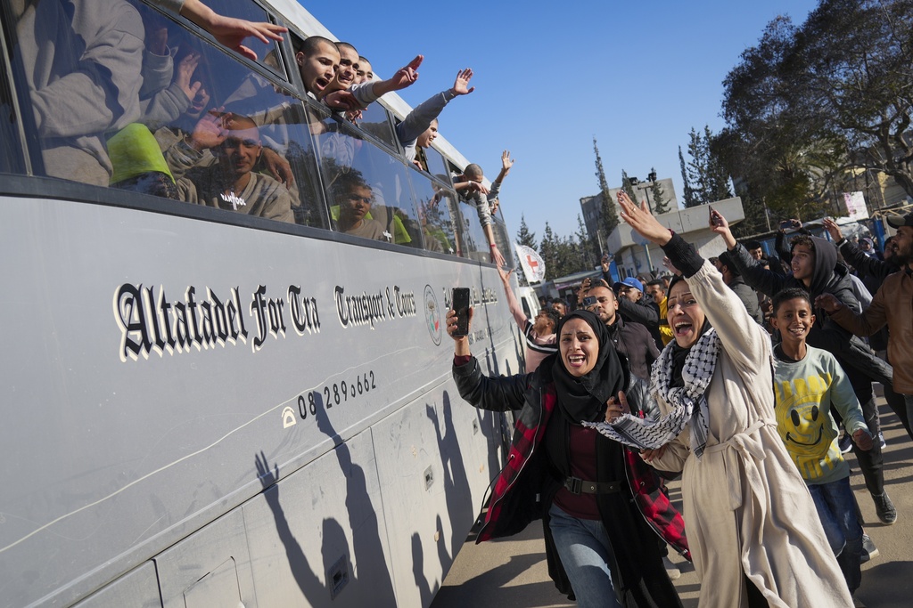 FILE - Freed Palestinian detainees are greeted after being released from an Israeli prison following a ceasefire agreement between Hamas and Israel in Khan Younis, Gaza Strip, Thursday, Feb. 27, 2025. (AP Photo/Abdel Kareem Hana,File)