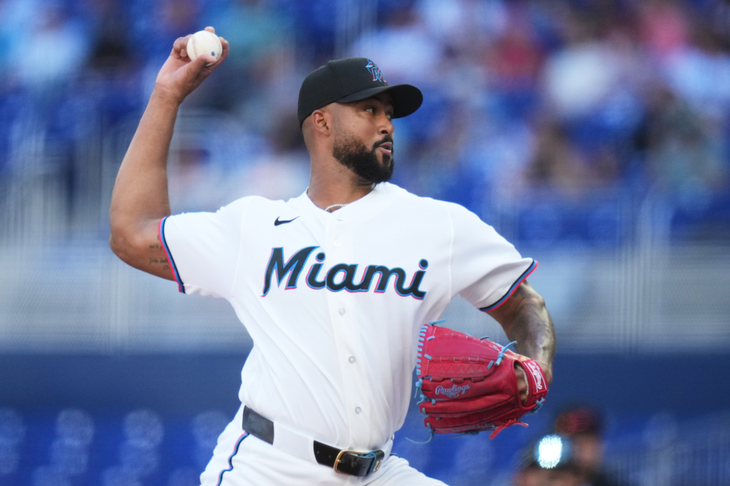 Miami Marlins starting pitcher Sandy Alcantara throws during the first inning of a baseball game against the Milwaukee Brewers, Saturday, April 18, 2026, in Miami. (AP Photo/Lynne Sladky)