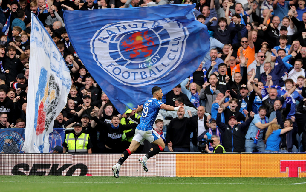 Rangers' Kevin Kelsy celebrates scoring their side's second goal during the Scottish League Cup soccer match between Rangers and Celtic, in Glasgow, Sunday Sept. 13, 2026. (Steve Welsh/PA via AP)