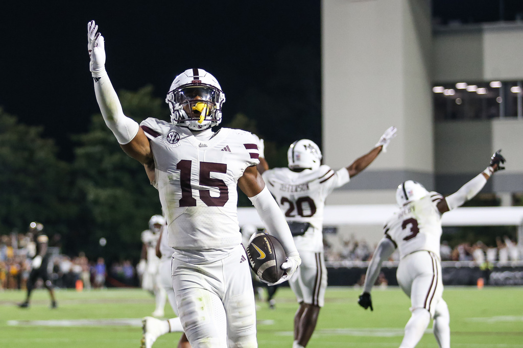 Mississippi State safety Marcus Williams (15) reacts after the final play against Missouri during the second half of an NCAA college football game in Starkville, Miss., Saturday, Sept. 26, 2026. (AP Photo/James Pugh)