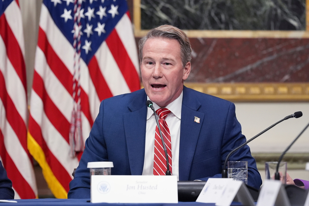 FILE - Sen. Jon Husted, R-Ohio, speaks during an event about the Ratepayer Protection Pledge, in the Indian Treaty Room of the Eisenhower Executive Office Building on the White House complex, on March 4, 2026, in Washington. (AP Photo/Jacquelyn Martin, File)