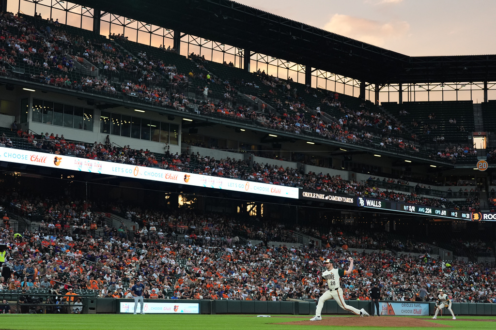 Baltimore Orioles starting pitcher Trevor Rogers (28) delivers during the second inning of a baseball game against the Tampa Bay Rays, Friday, Aug. 21, 2026, in Baltimore. (AP Photo/Stephanie Scarbrough)