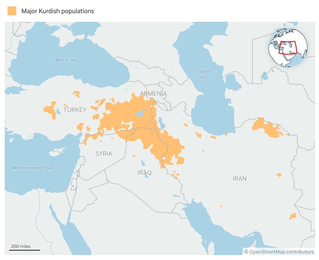 A map showing major Kurdish population centers in the Middle East. (AP Digital Embed)