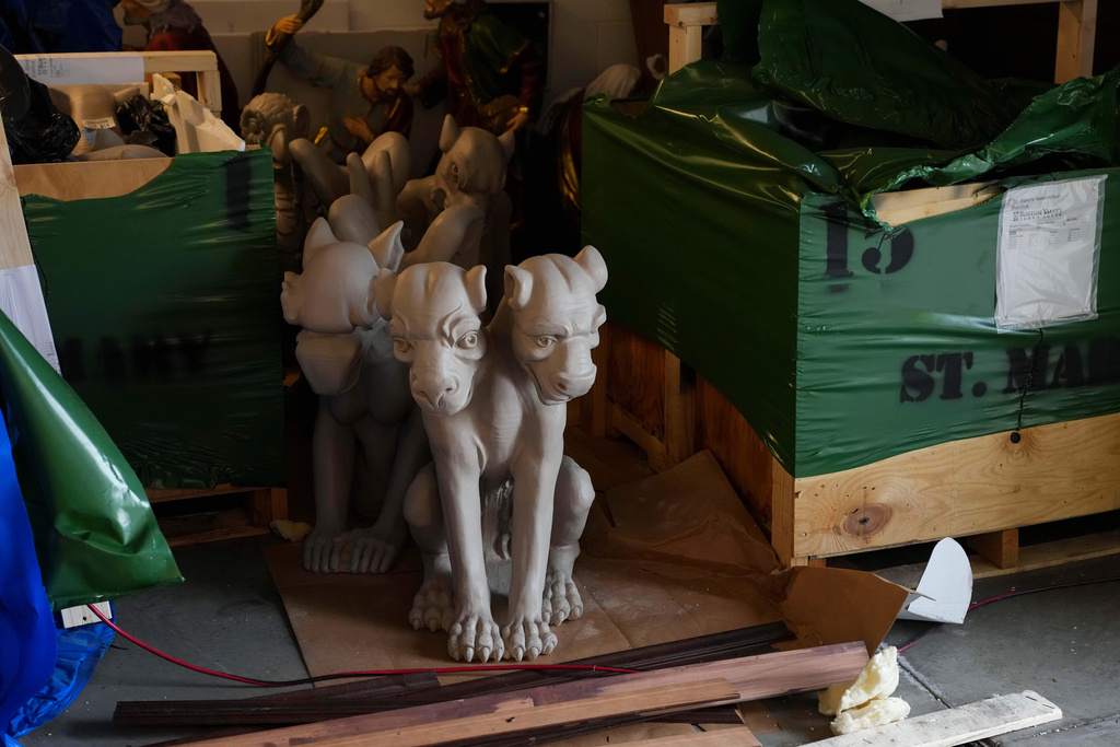 A general view of chimeras waiting to be installed on the Cathedral Basilica of the Assumption, Thursday, Jan. 8, 2026, in Covington, Kentucky. (AP Photo/Jeff Dean)