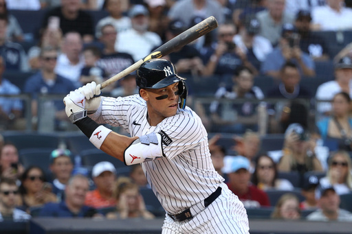 New York Yankees' Aaron Judge bats during the first inning of a baseball game against the Baltimore Orioles Sunday, Sept. 28, 2025, in New York. (AP Photo/Pamela Smith) New York Yankees' Aaron Judge bats during the first inning of a baseball game against the Baltimore Orioles Sunday, Sept. 28, 2025, in New York. (AP Photo/Pamela Smith)