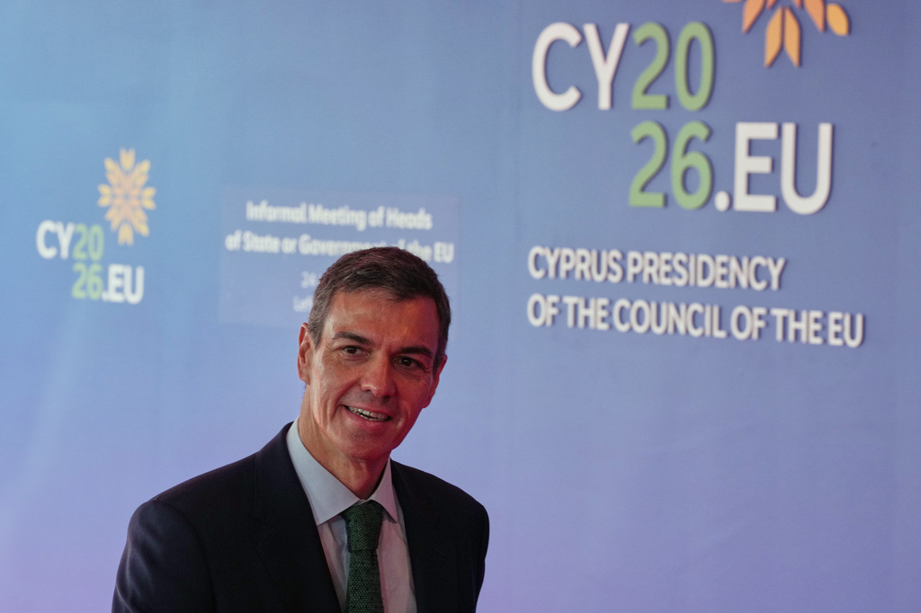 Spain's Prime Minister Pedro Sanchez arrives for the EU Summit in Nicosia, Cyprus, Friday, April 24, 2026. (AP Photo/Petros Karadjias)