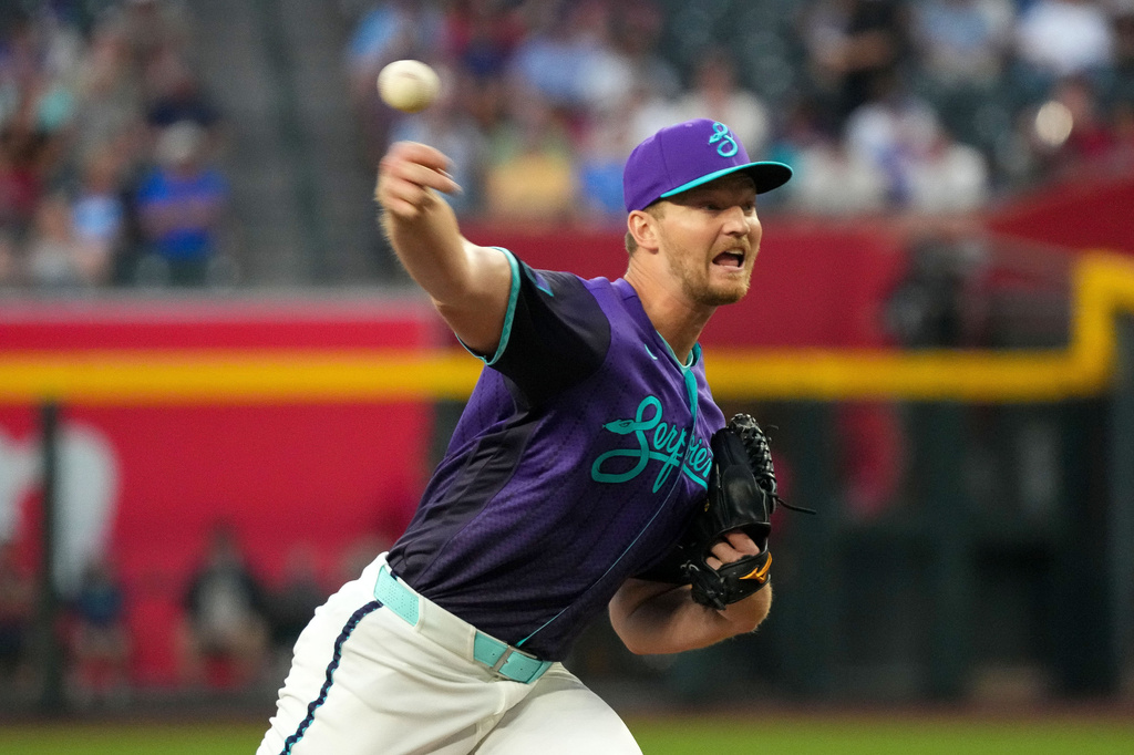 Arizona Diamondbacks pitcher Michael Soroka works against the Toronto Blue Jays during the first inning of an baseball game Friday, April 17, 2026, in Phoenix. (AP Photo/Darryl Webb)