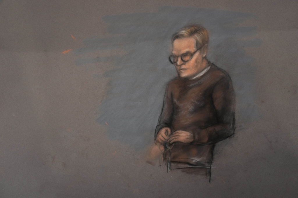 A court sketch of Marius Borg Hoiby during the first day of the trial against him, which is taking place in room 250 of the Oslo District Court, Norway, Tuesday Feb. 3, 2026. (Ole Berg-Rusten/NTB Scanpix/Pool via AP)