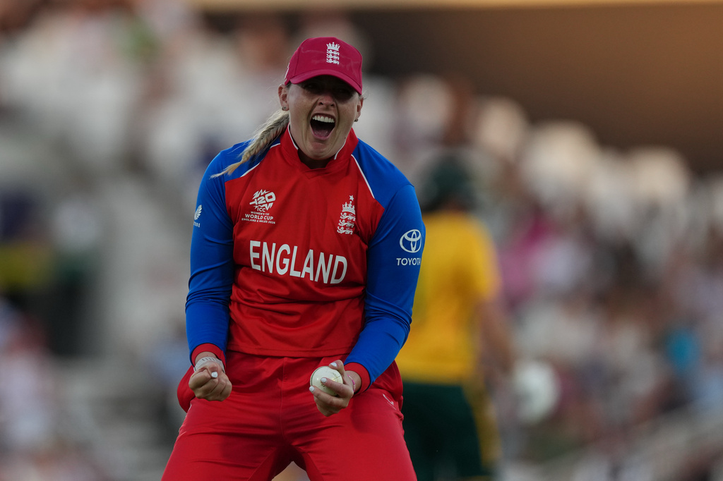 England's Sophie Ecclestone celebrates during the Women's T20 Cricket World Cup semifinal match between England and South Africa in London, Thursday, July 2, 2026. (AP Photo/Alastair Grant)