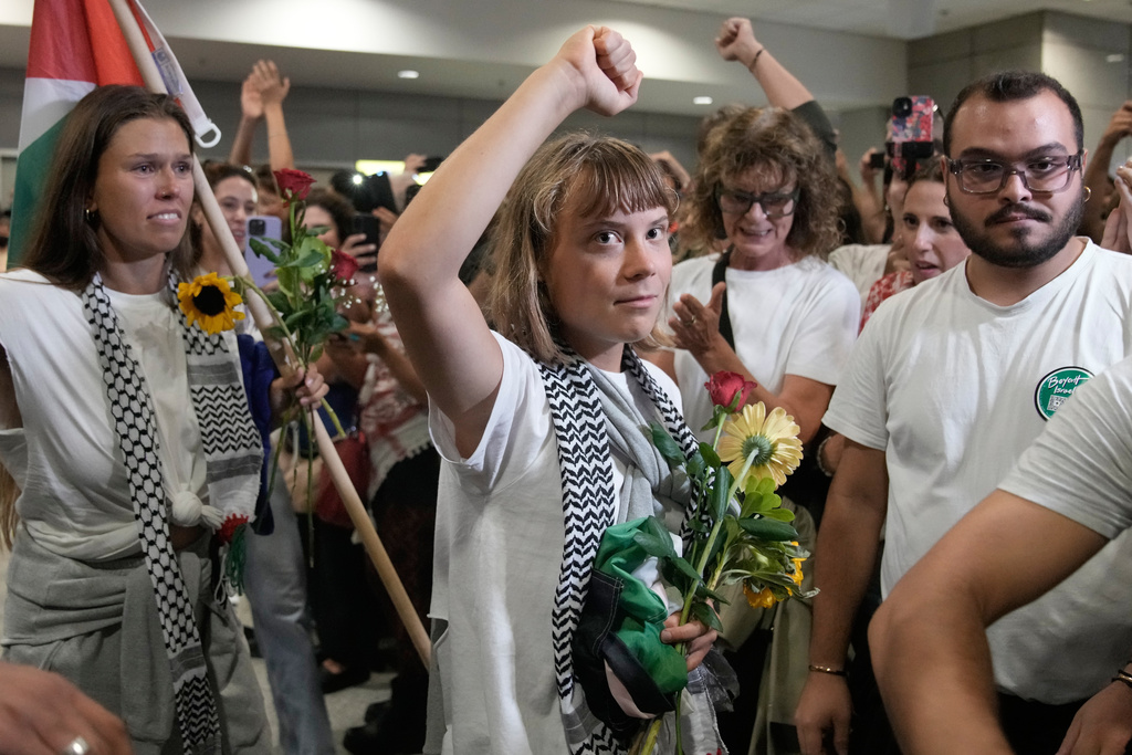 Swedish activist Greta Thunberg arrives at the Eleftherios Venizelos International Airport in Athens, Monday, Oct. 6, 2025 after being deported from Israel for taking part in a Gaza-bound aid flotilla. (AP Photo/Petros Giannakouris)