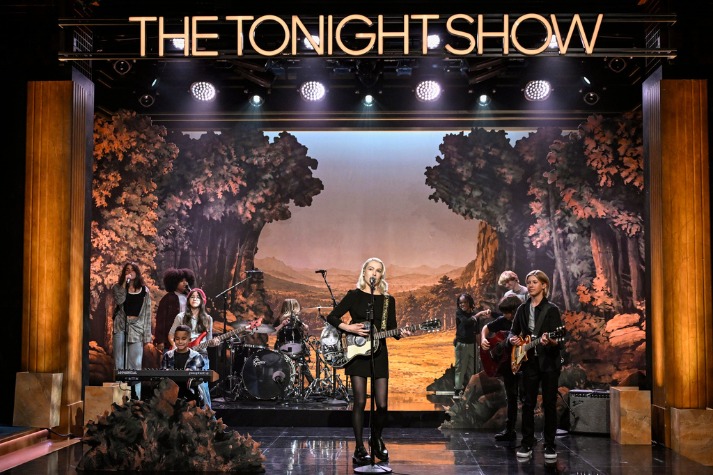 This image released by NBC shows Phoebe Bridgers performing on "The Tonight Show Starring Jimmy Fallon" in New York on July 14, 2026. (Todd Owyoung/NBC via AP)