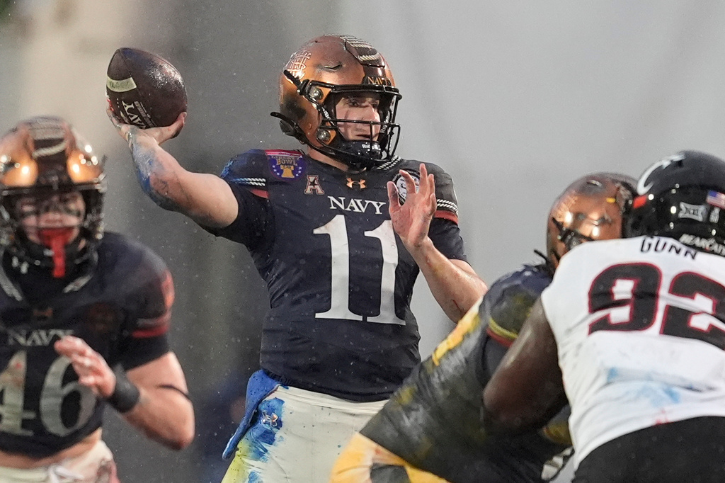 Navy quarterback Blake Horvath (11) looks to throw a pass during the first half of the Liberty Bowl NCAA college football game against Cincinnati, Friday, Jan. 2, 2026, in Memphis, Tenn. (AP Photo/George Walker IV)