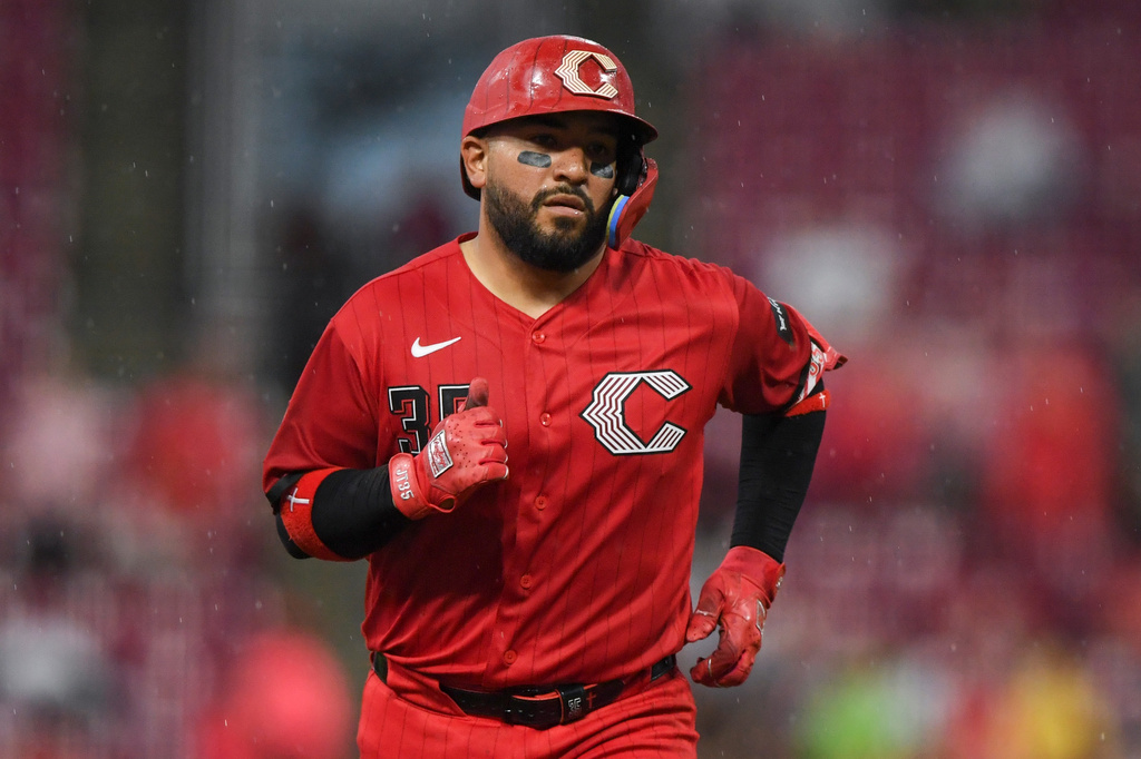 Cincinnati Reds' Jose Trevino rounds the bases after hitting a solo home run during the fifth inning of a baseball game against the Pittsburgh Pirates in Cincinnati, Saturday, Aug. 1, 2026. (AP Photo/Tanner Pearson)