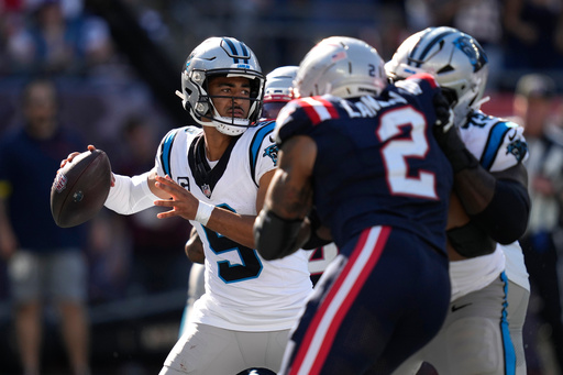 Carolina Panthers quarterback Bryce Young (9) looks to throw a pass against the New England Patriots during the second half of an NFL football game, Sunday, Sept. 28, 2025, in Foxborough, Mass. (AP Photo/Charles Krupa) Carolina Panthers quarterback Bryce Young (9) looks to throw a pass against the New England Patriots during the second half of an NFL football game, Sunday, Sept. 28, 2025, in Foxborough, Mass. (AP Photo/Charles Krupa)
