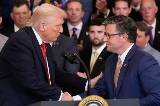 President Donald Trump shakes hands with House Speaker Mike Johnson of La., during an event to welcome the 2025 LSU and LSU-Shreveport national champion baseball teams in the East Room of the White House, Monday, Oct. 20, 2025, in Washington. (AP Photo/Alex Brandon) President Donald Trump shakes hands with House Speaker Mike Johnson of La., during an event to welcome the 2025 LSU and LSU-Shreveport national champion baseball teams in the East Room of the White House, Monday, Oct. 20, 2025, in Washington. (AP Photo/Alex Brandon)