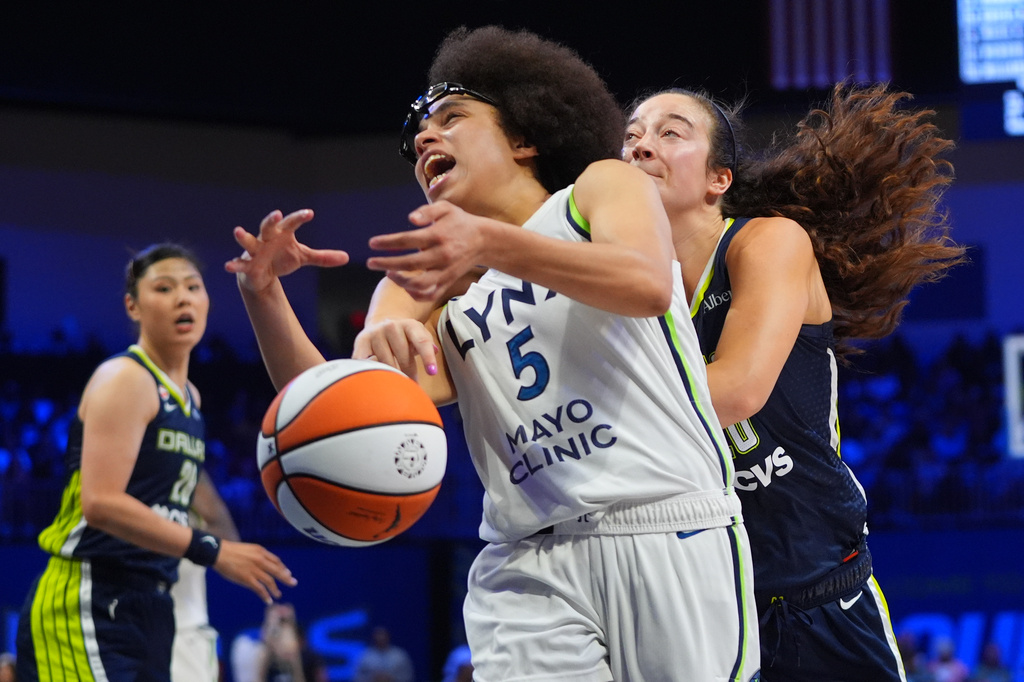 Minnesota Lynx guard Olivia Miles (5) is foulded by Dallas Wings forward Maddy Siegrist, right, during the second half of a WNBA basketball game in Arlington, Texas, Sunday, June 28, 2026. (AP Photo/LM Otero)