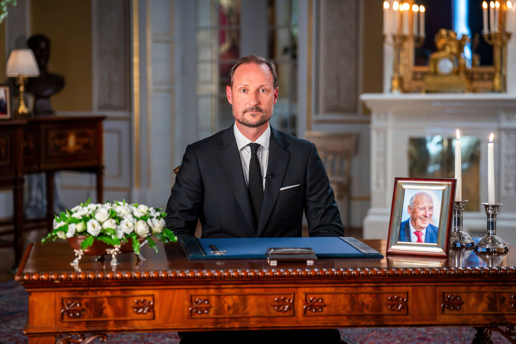 Norway's King Haakon at the palace in Oslo, Saturday, Aug. 29, 2026. (Heiko Junge, Pool Photo via AP)